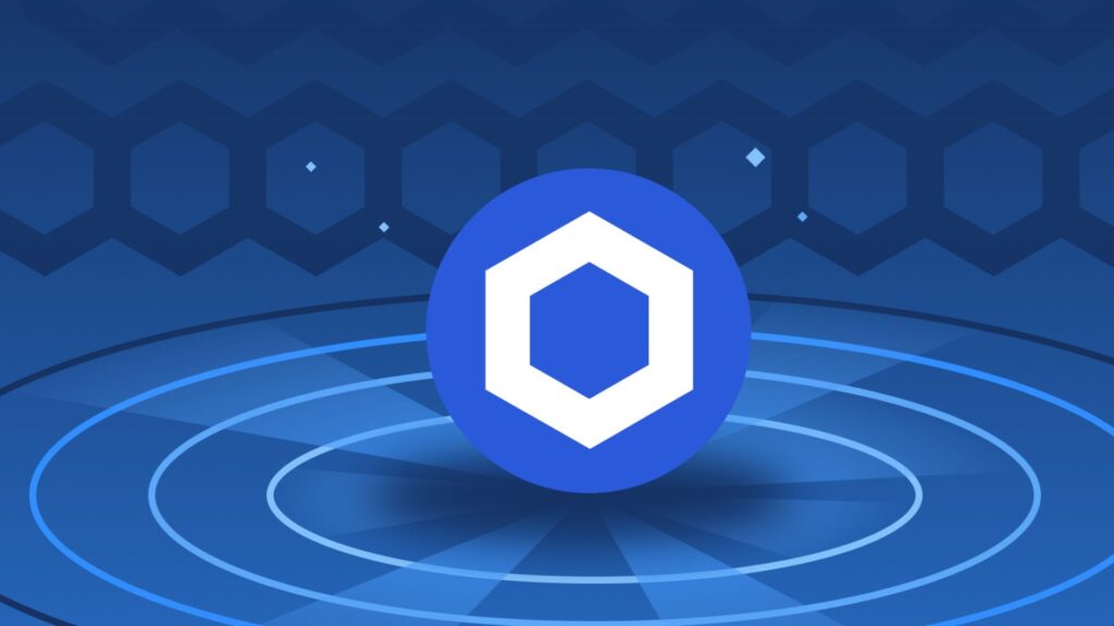 Biểu tượng Chainlink (LINK) màu xanh lam trên nền họa tiết công nghệ