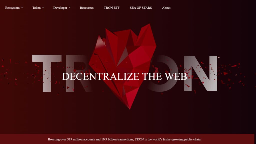 TRON coin là gì? Đánh giá TRON coin chuyên sâu 1 Giao diện trang chủ TRON với khẩu hiệu Decentralize the Web, nhấn mạnh sứ mệnh phi tập trung hóa Internet