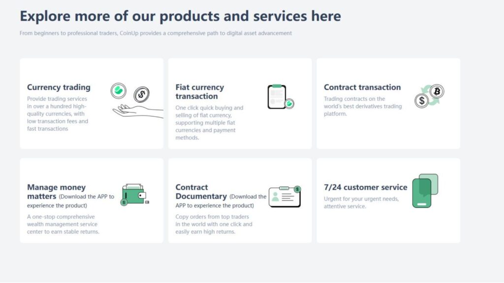 Coinup.io cung cấp đa dạng các sản phẩm dịch vụ Các sản phẩm dịch vụ của sàn Coinup.io
