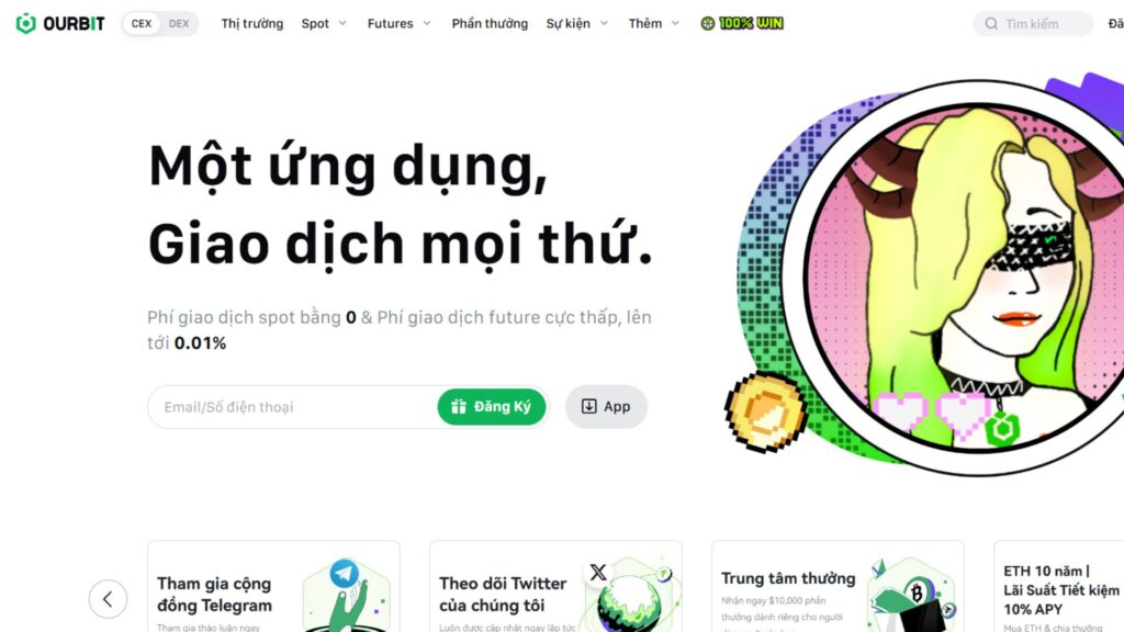Trang chủ Ourbit với khẩu hiệu “Một ứng dụng, giao dịch mọi thứ”, nhấn mạnh phí spot bằng 0 và futures cực thấp, cùng hình minh họa phong cách pixel độc đáo.