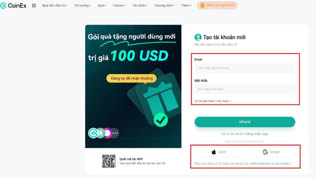 Đăng ký tài khoản CoinEx – Nhận ngay 100 USD quà tặng dành cho người dùng mới Trang đăng ký CoinEx với ưu đãi chào mừng người dùng mới trị giá 100 USD, hỗ trợ đăng nhập qua Apple và Google.